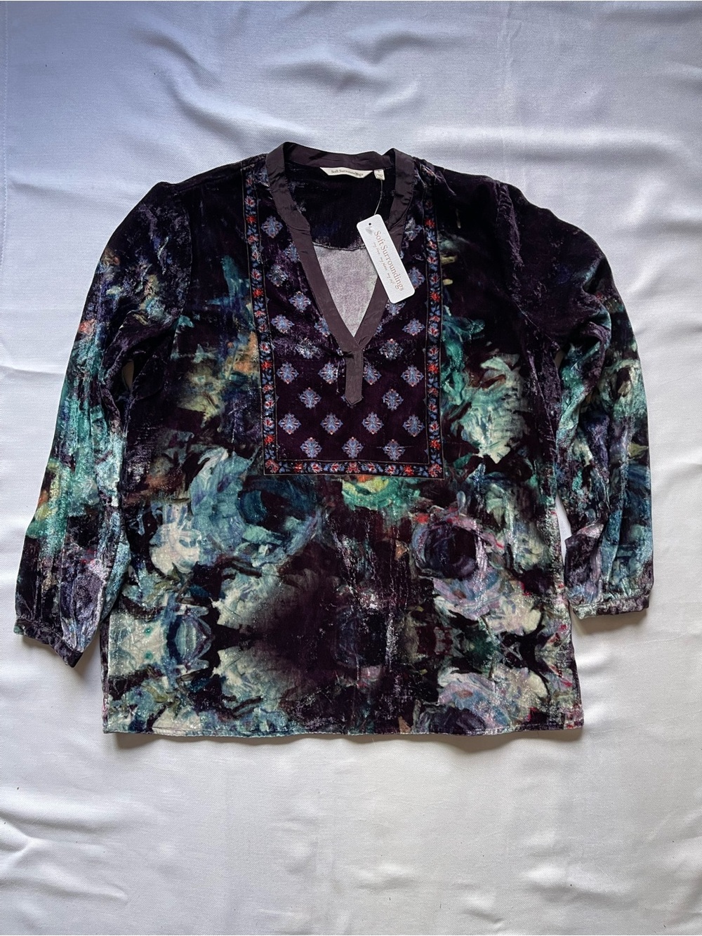 Soft Surroundings L Velvet top Deep Purple Teal peasant boho western floral